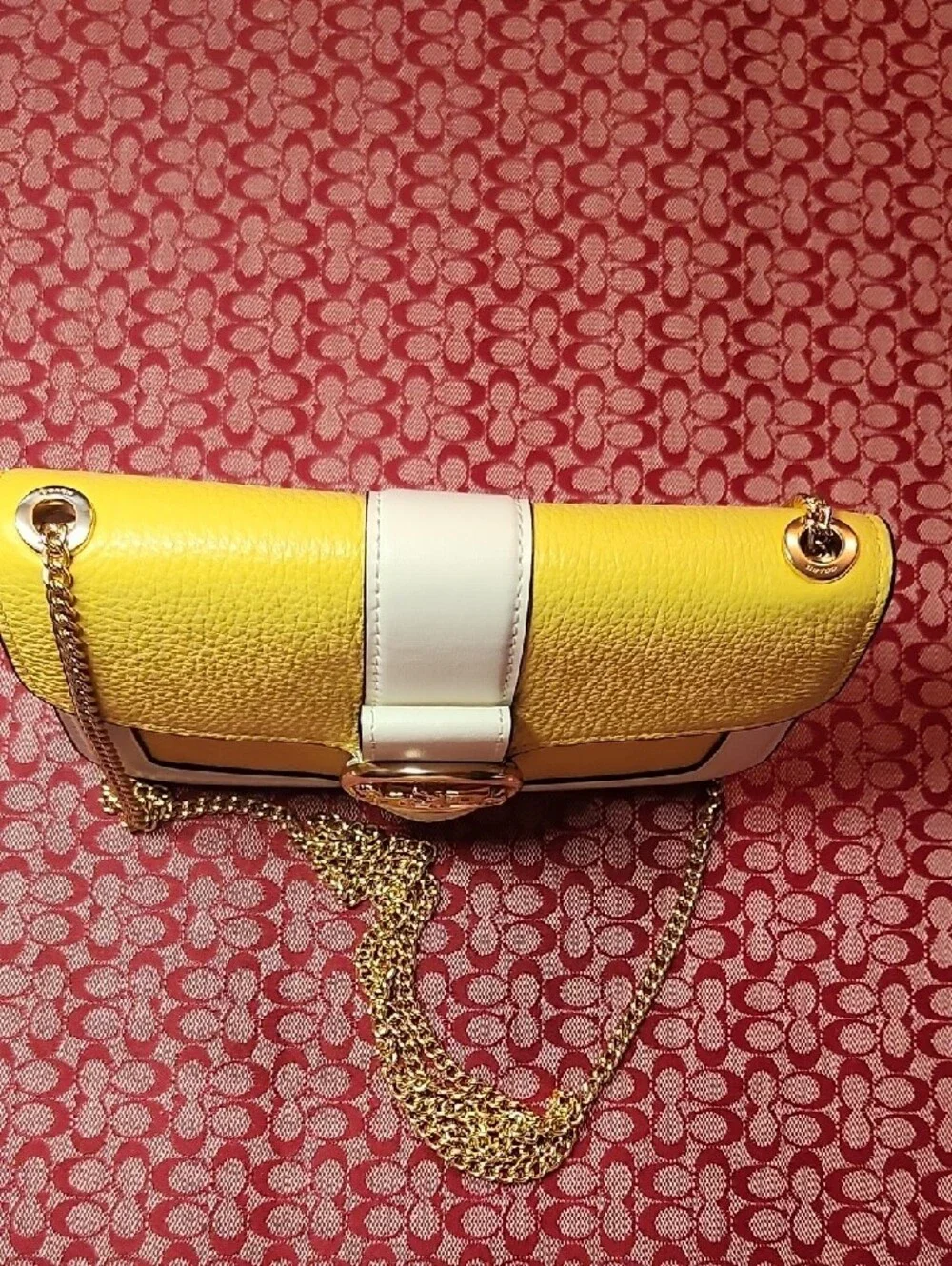 Coach Yellow and White Leather Crossbody with Gold Chain